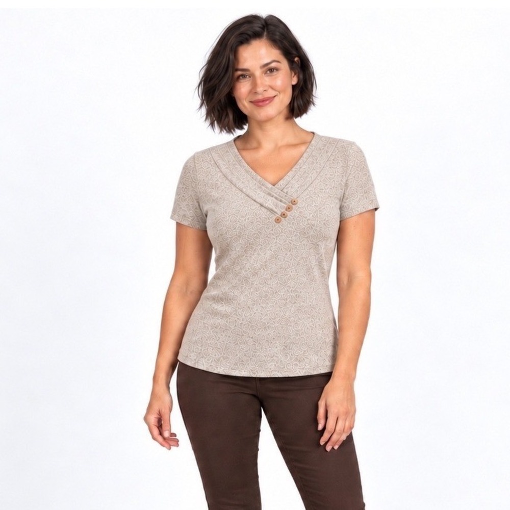 NEW Tan Brown Heather V-Neck Fleece Top Short Sleeve NWT Button Accent